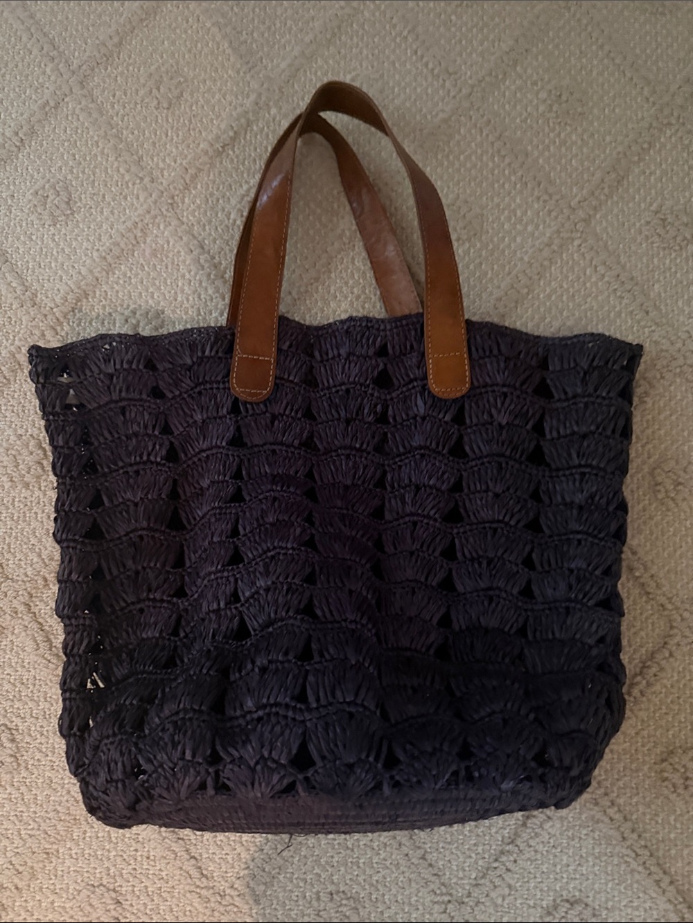 Woven Shoulder Tote Bag with Brown Leather Handles - Black